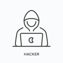 Hacker Flat Line Icon. Vector Outline Illustration Of Criminal And Laptop . Black Thin Linear Pictogram For Cyber Thief