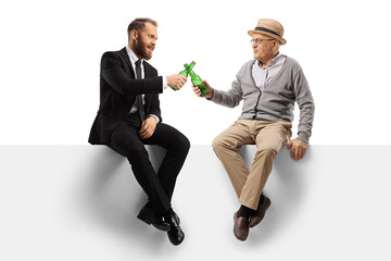 Sticker - Businessman toasting with a bottle of beer with an elderly man seated on a blank panel