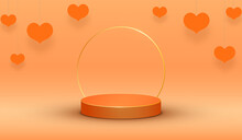 3D Podium With Gold Border And Circle. Valentines Day Background In Calming Coral Color, With Hanging Orange Heart Decoration. Vector Illustration.
