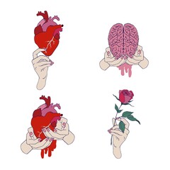 Valentine’s vector clipart. Freaky love illustrations. Valentines temporary tattoo and stickers. Anatomical bloody hearts.