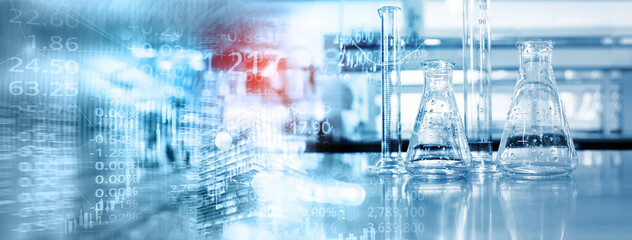 Wall Mural - index number of stock market and flask medical science lab equipment health science business blue ba