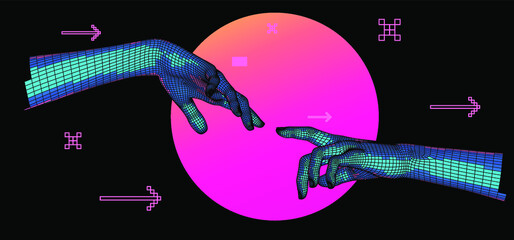 Aufkleber - 3D low poly model of hands going to touch together. Vaporwave style illustration.