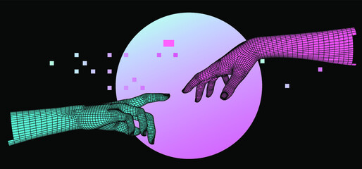 Aufkleber - 3D low poly model of hands going to touch together. Vaporwave style illustration.