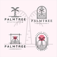 Set Of Palm Tree Line Art Logo Simple Minimalist Vector Illustration Template Icon Graphic Design. Bundle Collection Of Various Tropical Plant At The Beach With Wave Ocean And Badge Typography