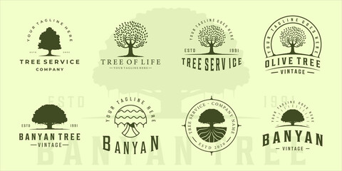 set of olive or banyan tree logo vintage vector illustration template icon graphic design. bundle collection retro green eco and plant environment nature sign or symbol for company with typography
