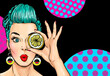 © lucky1984 - Amazed young wow woman holding slice of lemon with surprise face, afraid and excited with fear expression. Advertising poster or party invitation with sexy  girl  in comic style.OMG