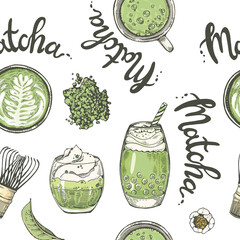 Wall Mural - Hand-drawn seamless pattern matcha cocktails and desserts.