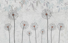 3d Mural Wallpaper.
Black Dandelion And Leaves In Gray Background.
For Wall Decor