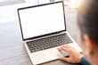 © panitan - computer screen blank mockup.hand woman work using laptop with white background for advertising,contact business search information on desk at coffee shop.marketing and creative design
