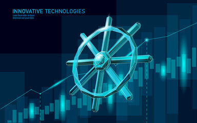 Wheel helm computer developer app concept. Business digital open source program. Data coding steering 3D low polygonal vector line illustration
