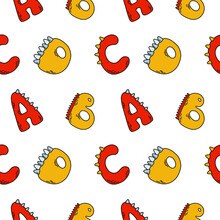 Children Seamless Pattern With English Letters A, B, C, D In Dinosaur Style. Cute Illustration In Red, Yellow And Grey Colors For Stationery, Print, Background.