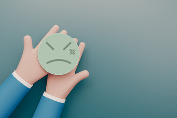 Wall Mural - Hand holding paper cut angry face on blue background, Negative thinking, Mental health assessment, World mental health day concept, 3d rendering