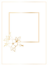 Rectangular Postcard Template With A Square Frame In The Center Decorated With A Branch With A Wild Rose Flower. Vector Illustration With Golden Gradient Outline.