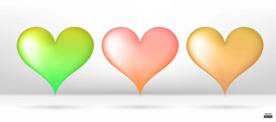 Set of vector hearts.Grandient colorful hearts 3D vector collection isolated on white background.Symbol of Love and Valentine's Day.Heart  shape icon illustration vector for design card. Green,orange