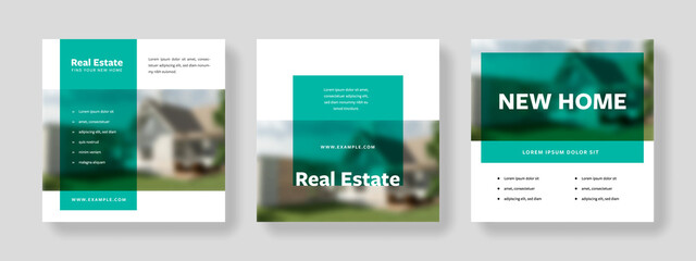 Wall Mural - Real Estate social media layouts with teal overlays, clean and editable post templates with house design in the background, graphic for instagram and facebook advertising