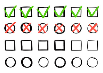 Aufkleber - Green check and red cross mark set. Hand drawn doodle sketch style. Vote, yes, no drawn concept. Checkbox, cross mark with square, circle element. Vector illustration.
