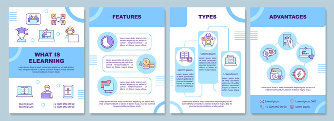 What is elearning brochure template. Computer learning. Booklet print design with linear icons. Vector layouts for presentation, annual reports, ads. Arial-Black, Myriad Pro-Regular fonts used