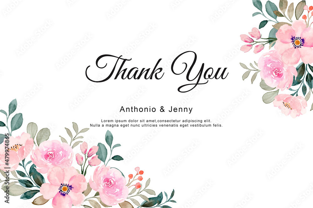 Thank you card with pink floral watercolor Stock Vector | Adobe Stock