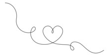 Heart And Love Sign In Continuous One Line Drawing. Thin Flourish And Romantic Symbol In Simple Linear Style. Editable Stroke. Minimalistic Doodle Vector Illustration