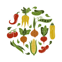 Carrot, beet, onion, corn, leaves, tomato, beans, chilli. Round food illustration with isolated vegetables. Color silhouette elements on white background. Vector hand drawn print, poster