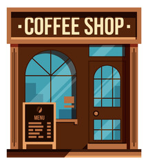 Poster - Coffee shop. Cartoon cafe facade. Small street store