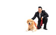 © Png - Video - Photo - Portrait asian handsome man in suit with golden retriever dog on white background.