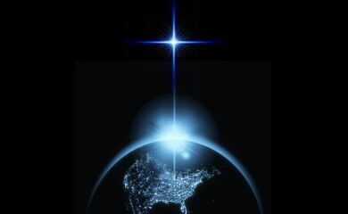 Star of jesus. Planet Earth on black background with bright star. Christmas Star of Jesus Christ.