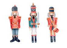 Set Of Watercolor Nutcracker Soldiers. Christmas Toys