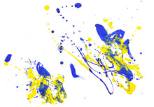 Drops Of Yellow And Blue Paint On A White Paper Background.