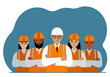A team of sad construction workers in white and orange hard hats and orange vests. Engineer and builders.
