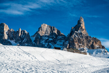 Passo Rolle and the Pale di San Martino. Dolomites in winter.