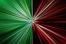 Abstract Surface Of Blur Radial Zoom In Green, Red, Black And White Tones . Bright Green Red Background With Radial, Diverging, Converging Lines. Bicolor Background 