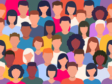 People Crowd Colorful Pattern. Diverse Multicultural Group Of People Standing Together Seamless Pattern. Vector Human Illustration.