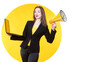 Megaphone woman. Girl on yellow background. Megaphone as symbol of marketing, advertising and PR. Panoramic ads banner. Adult woman in business clothes. Business woman loudspeaker. Copy space