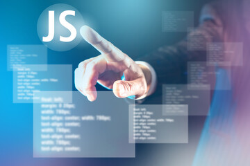 Javascript logo. Javascript programming code. JS button on virtual screen. Hand reaches for JS symbol. Writing computer scripts with java script. Java language development family.