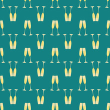 Champagne Flutes Vector Seamless Pattern Background. Teal Gold Backdrop With Prosecco Glasses In Horizontal Rows. Sparkling Wine Drinks Design. Repeat For Party Celebration, Occasion, Wedding