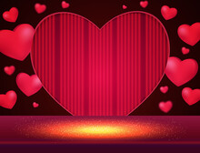 Vector Illustration Background With Shining Stage And Red Hearts