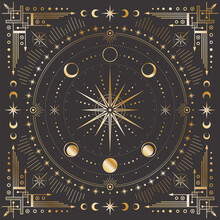 Vector Golden Celestial Background With Ornate Geometric Frame With Arrows And Crescents. Mystic Linear Square Cover With A Magical Outline Star, Moon Phases, Dotted Beams And Radial Circles