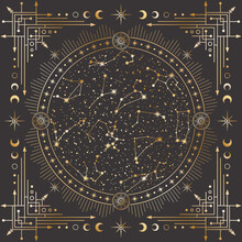 Vector Golden Outline Celestial Background With Ornate Geometric Frame, Magical Circle With Stars, Zodiac Constellations, Moon Phases, Arrows And Radial Circles. Mystic Linear Square Cover