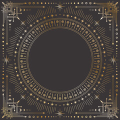 Wall Mural - vector mystic outline celestial square golden frame with stars, moon phases, crescents, arrows and c