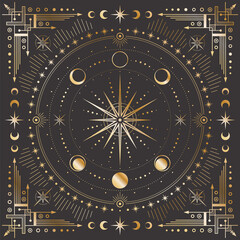 Wall Mural - Vector golden celestial background with ornate geometric frame with arrows and crescents. Mystic linear square cover with a magical outline star, moon phases, dotted beams and radial circles