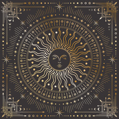 Wall Mural - vector golden celestial background with an ornate geometric frame with arrows, stars and crescents. 