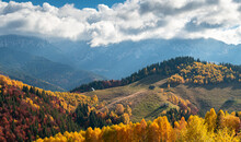 Beautiful Romania. Autumn Over Rucar Bran Pass Between Bucegi And Piatra Craiului Mountains With The Amazing Villages Landscapes And Old Houses. The Forest Is In Fall Color.
