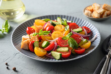 Tuscan Panzanella With Tomatoes And Bread. Concept For A Tasty And Healthy Meal. Close Up. Italian Cuisine.