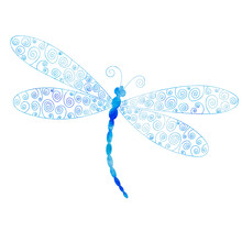Dragonfly Blue Watercolor Silhouette On White Background, Isolated, Vector