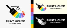 Cool Building Paint Logo Design Template. Paintbrush With Silhouette And House Icon, Rainbow Color Concept. Vector Illustration Of A Logo For Wall Or Building Paint. Premium Vector