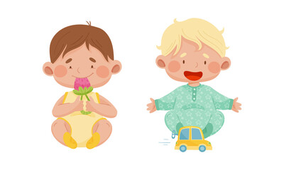 Wall Mural - Cute babies playing toys set. Lovely toddler boys with nipple teether and car cartoon vector illustration