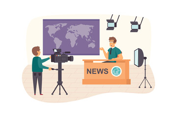 Aufkleber - Filming television world news program scene. Operator recording video with man presenter at studio. Journalism, mass media and press concept. Illustration of people characters in flat design