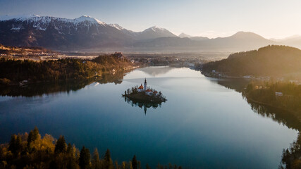 Beautiful, spectacular and colorful sunrise over the lake Bled