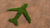 Fototapeta Przestrzenne - Concept conceptual green summer lawn grass symbol shape on brown soil or earth background, airplane sign. 3d illustration metaphor for fast, comfortable and secure transportation, holiday and business